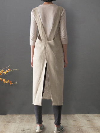 Women Japanese Style Sleeveless Cross Back Solid Cotton Apron Dress with Pockets
