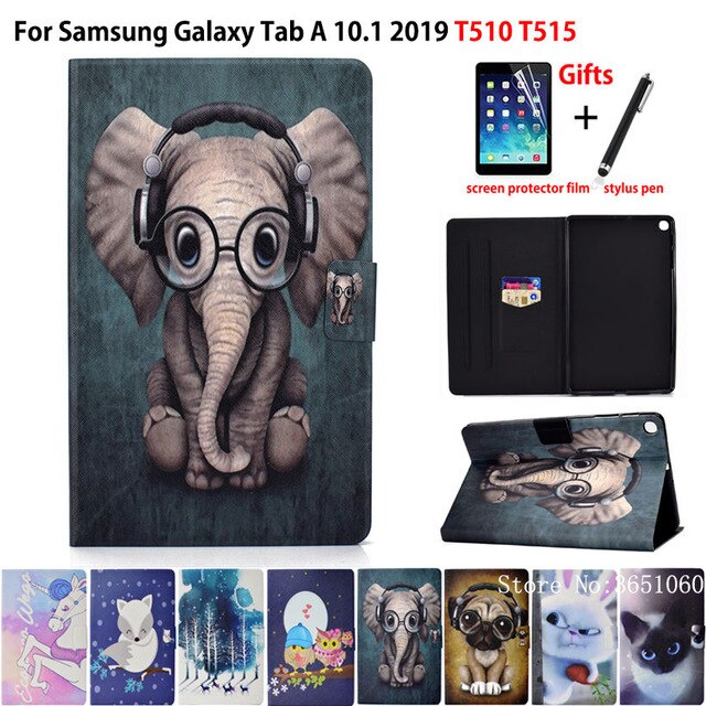 Skrzynka dla Samsung Galaxy Tab A 10.1 2019 T510 T515 SM-T510 pokrywa Funda moda zwierząt silikonowe PU skórzane stojak skóry + film + rysik