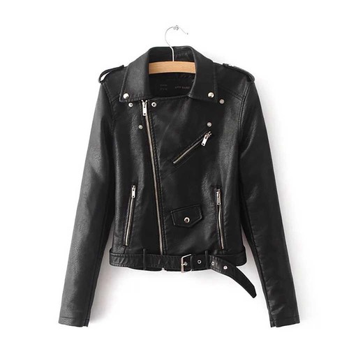 Women Autumn Casual PU Leather Short Coat Biker Jacket With Diagonal Zipper Size M - Black