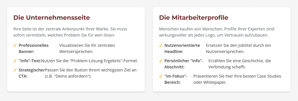 So sollten Unternehmensseite und Mitarbeiterprofile auf LinkedIn aussehen